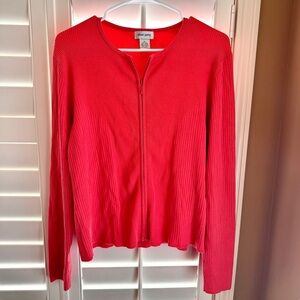 Oliver Perry Silk-Blend Ribbed Zip Cardigan – XL – Vibrant Red
